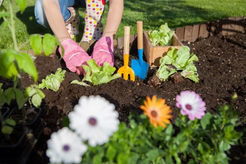 A child in pink gardening gloves is planting young lettuce or salad greens in dark, rich soil within a garden bed. Surrounding the planting area are colorful flowers, including white, orange, and purple blooms, which add visual contrast and natural beauty to the outdoor space. In the background, there is a wooden-edged raised bed with additional leafy greens or similar plants, as well as a small garden trowel with an orange handle and a blue garden fork resting nearby. The garden is situated outdoors on a bright day, with sunlight illuminating the lush green grass and well-maintained garden features, highlighting a neat and productive outdoor space that reflects careful planning and regular maintenance typical of professional gardening services offered by companies like Landscapers Hackney working within the Hackney area, postcode in London.