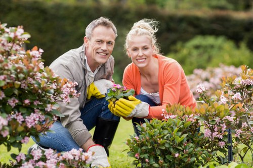 A smiling man and woman are working together outdoors in a well-maintained garden in Hackney, surrounded by lush flowering shrubs and green foliage. The man, with short grey hair, is wearing a grey jacket and yellow gardening gloves, holding a watering can and a small plant. The woman, with blonde hair tied back, is dressed in a coral jacket and also wearing gardening gloves, leaning forward as they tend to the garden beds. The garden features a neatly arranged layout with vibrant pink and purple flowers on shrubbery borders, dense green grass areas, and mature trees in the background, indicating a landscaped outdoor space. The lighting suggests a bright, clear day, ideal for gardening activities. This scene exemplifies professional gardening and landscaping services, highlighting garden maintenance and plant care typical of local projects in Hackney, and emphasizes the importance of well-kept outdoor spaces. The image reflects a collaborative effort in garden upkeep, suitable for a landscaping company such as Landscapers Hackney specializing in lawn care, planting, and outdoor improvements.